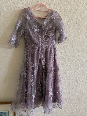 Lavender Lace Tea-Length Wedding Dress with Floral Embroidery
